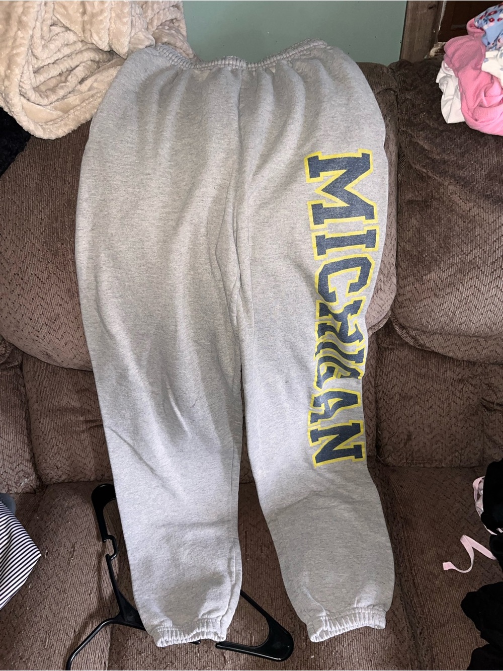 Champion Gray Joggers with Yellow Michigan Lettering